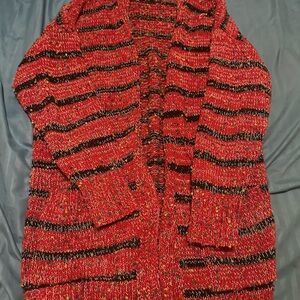 Red Striped Open-Front Knit Cardigan